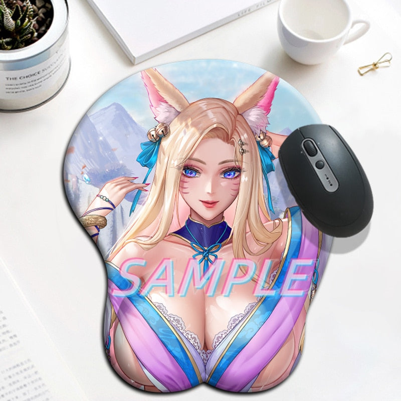League of Legends Sexy Ahri Big Breast Gaming Anime 3D Mouse Pad Cute Manga Pad with Wrist Oppai Silicone Gel Boob Mat