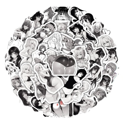 50 pcs Black and White - Sexy Anime Sticker Lewd - Waifu Ecchi Manga Anime